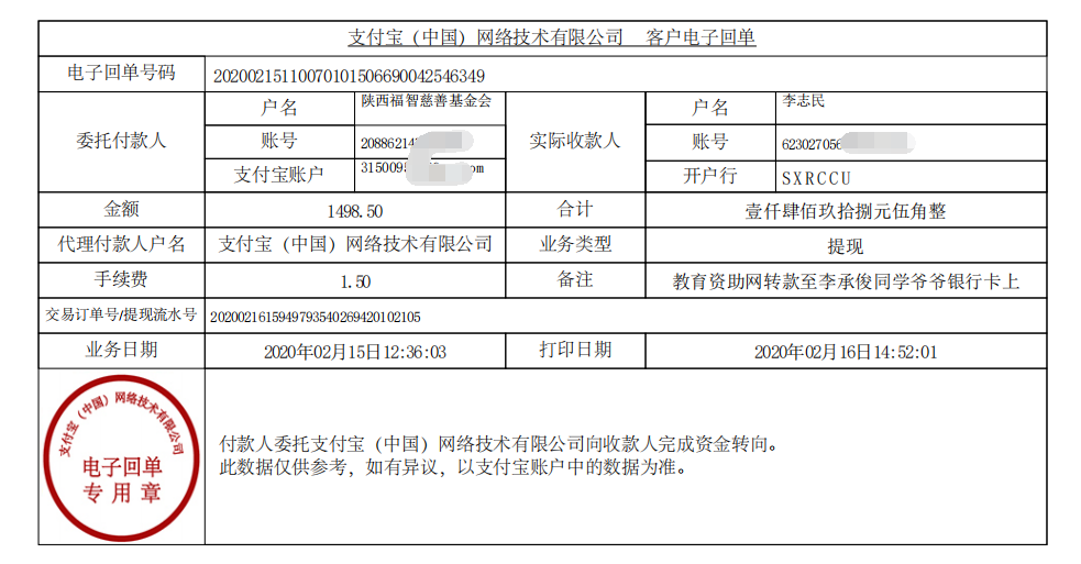 教育资助网给李承俊同学转款的电子回单