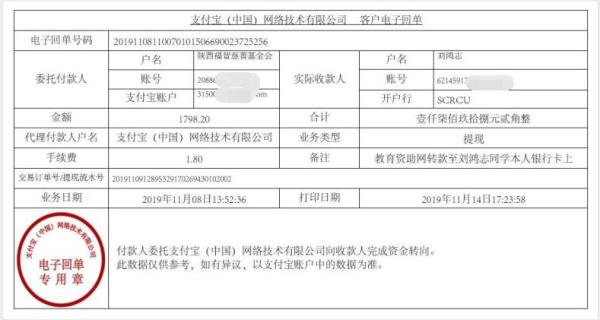 教育资助网转款给刘鸿志同学的电子回单