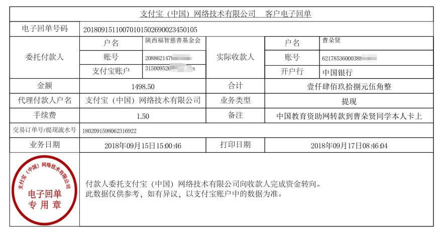 教育资助网给曹朵贤同学转款的电子回单