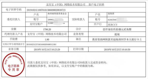 教育资助网转款给赵海涛同学的电子回单