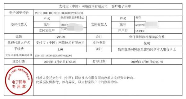 教育资助网转款给郭巧同学的电子回单