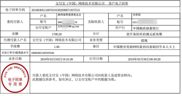 中国教育资助网给冯春娟同学转款的电子回单