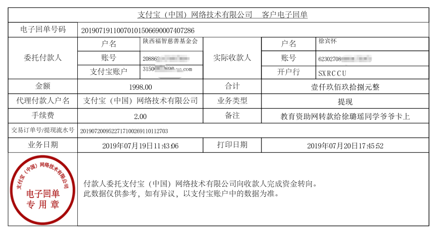 教育资助网给徐璐瑶同学转款的电子回单
