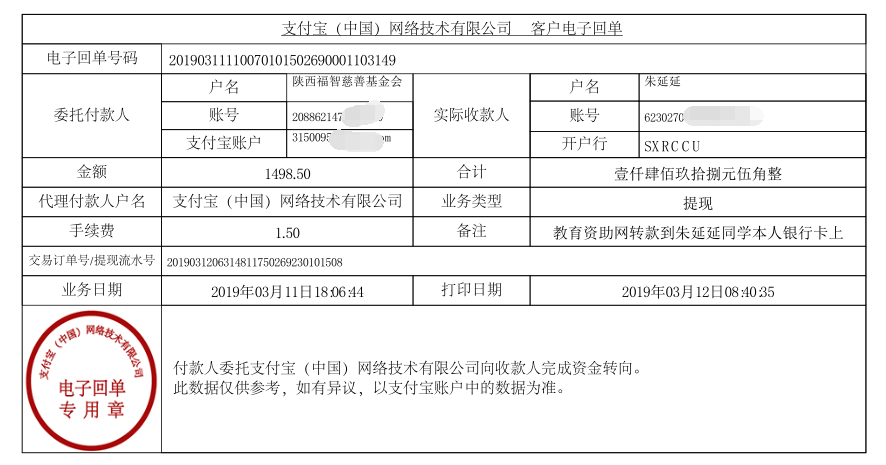 教育资助网给朱延延同学转款的电子回单