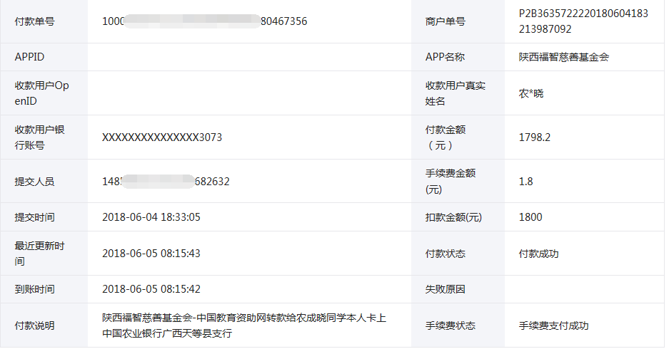 中国教育资助网给农成晓同学转款的电子回单