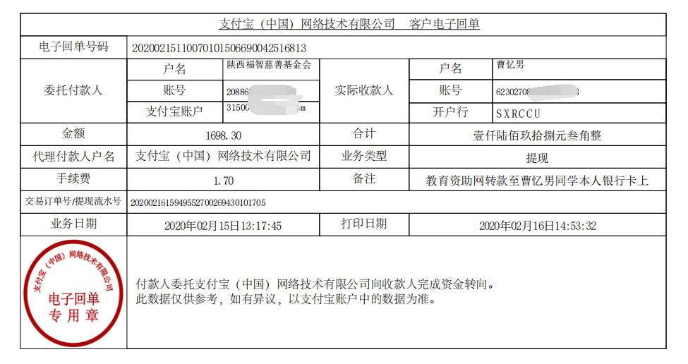 教育资助网给曹忆男同学转款的电子回单