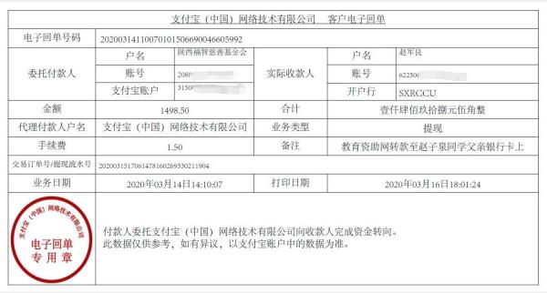 教育资助网给赵子泉同学转款的电子回单