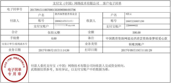 中国教育资助网退还洪清雲资助秦梦瑶同学善款