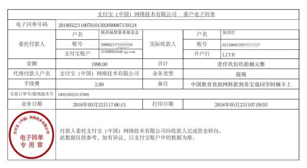 中国教育资助网给苏宝强同学转款的电子回单
