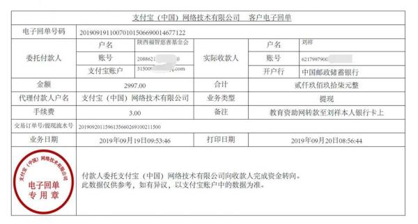 教育资助网转款给刘祥同学的电子回单