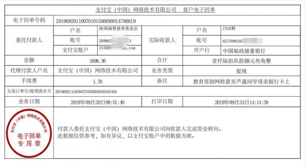 教育资助网转款给芦晟同学的电子回单