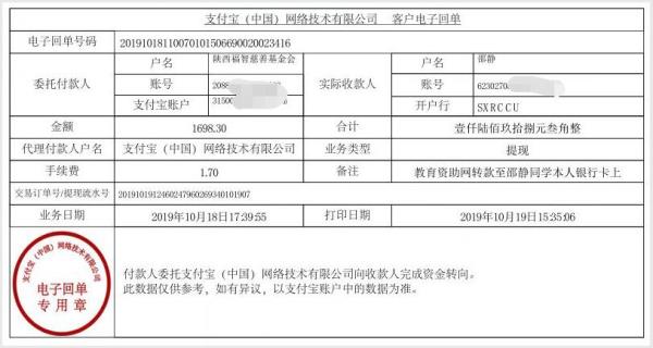 教育资助网转款给邵静同学的电子回单