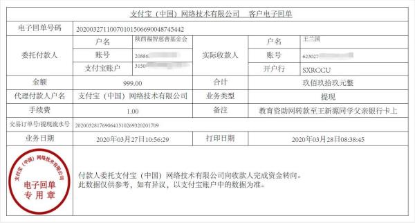 教育资助网给王新源同学转款的电子回单
