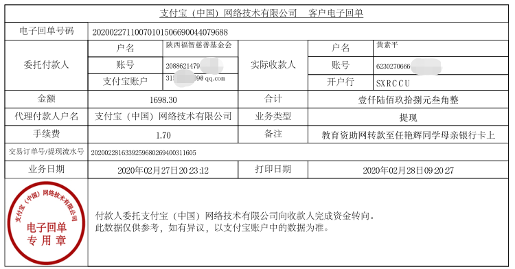 教育资助网给任艳辉同学转款的电子回单