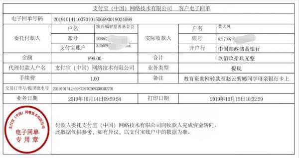 教育资助网给赵云紫嫣同学转款的电子回单