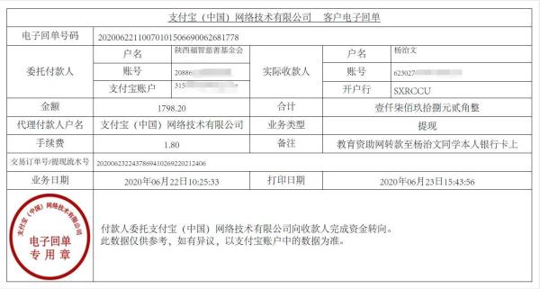 教育资助网给杨治文同学转款的电子回单