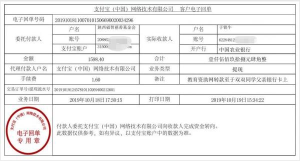 教育资助网转款给于双双同学的电子回单