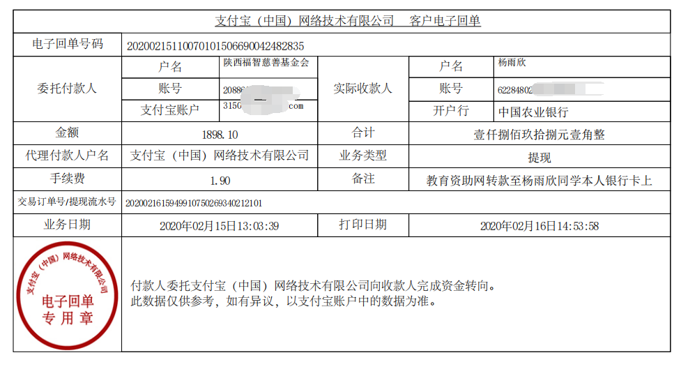 教育资助网给杨雨欣同学转款的电子回单