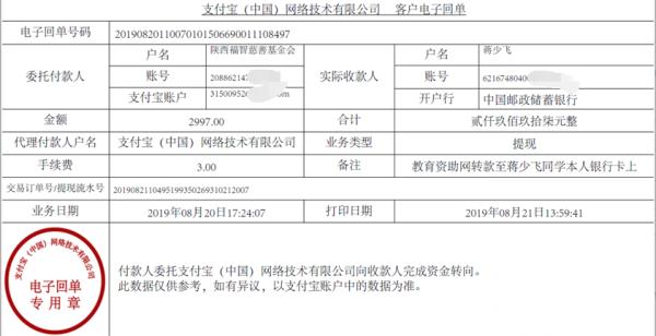 教育资助网转款给蒋少飞同学的电子回单