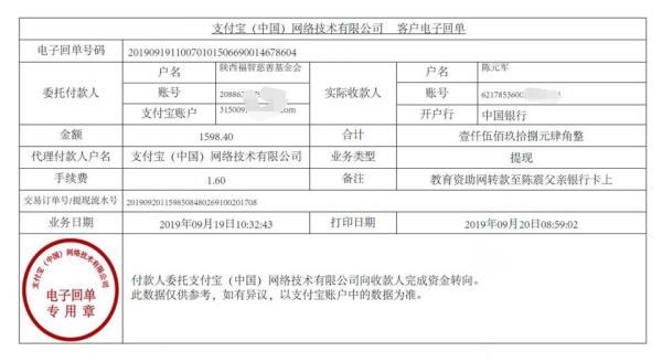 教育资助网转款给陈震同学的电子回单