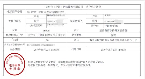教育资助网转款董渊萍同学的电子回单