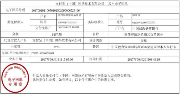 中国教育资助网转给汤荣倩同学的电子回单