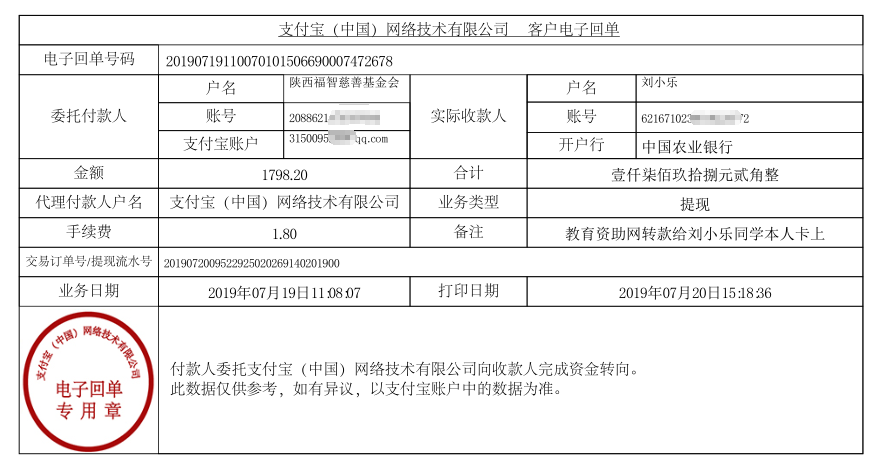 教育资助网给刘小乐同学转款的电子回单