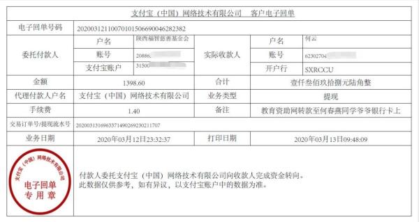 教育资助网转款给何春燕同学的电子回单
