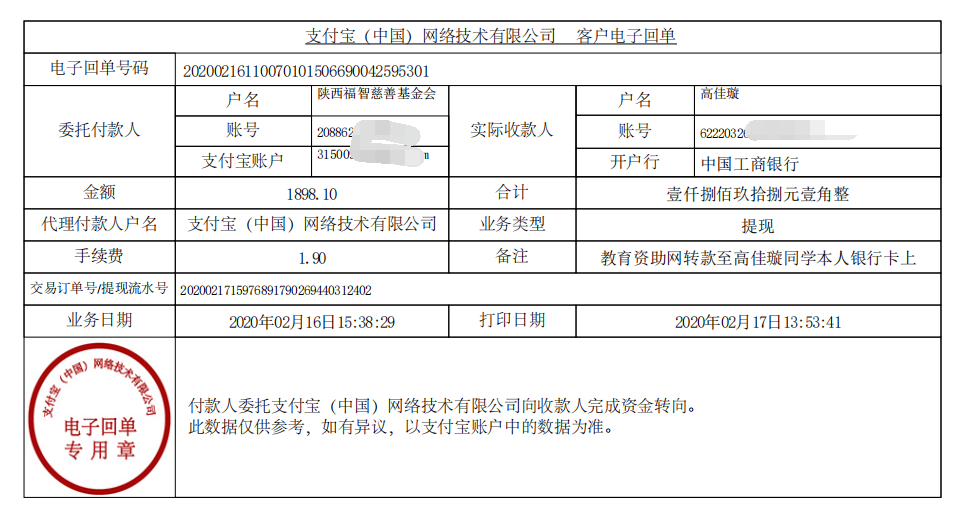 教育资助网给高佳璇同学转款的电子回单