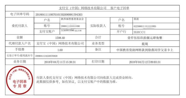 中国教育资助网转款给徐燕同学的电子回单