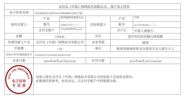 教育资助网转款给闫菲同学的电子回单
