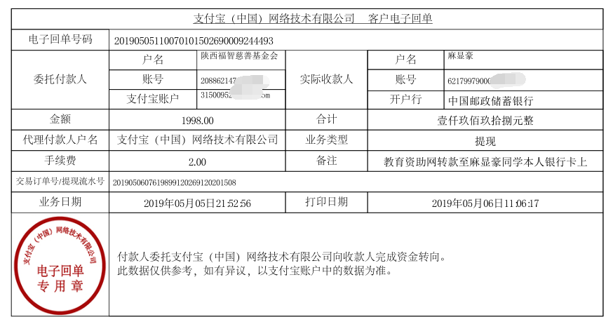 教育资助网给麻显豪同学转款的的电子回单