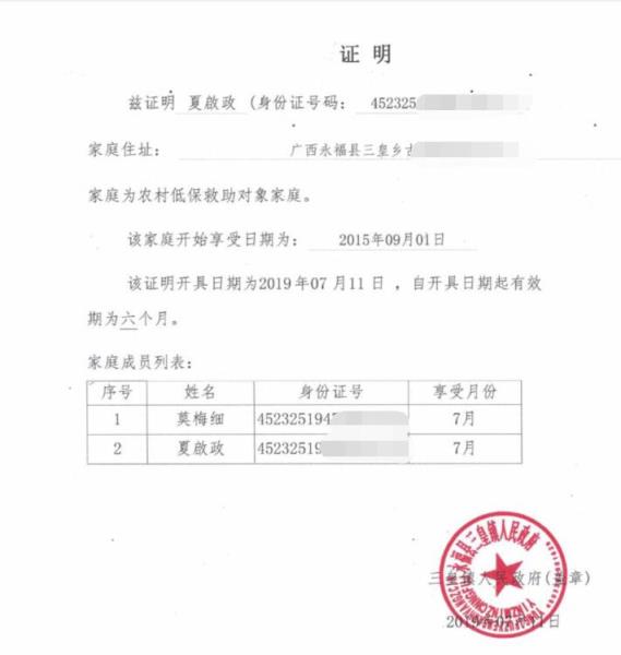 夏宇阳贫困证明