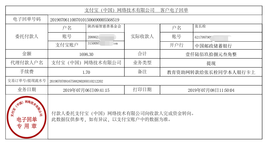教育资助网给张长栓同学转款的电子回单