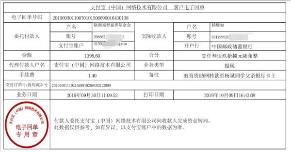 教育资助网转款给杨斌同学的电子回单