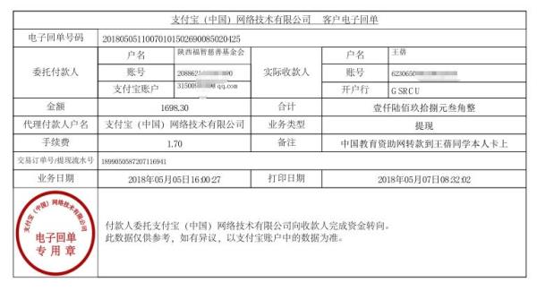 中国教育资助网给王蓓同学转款的电子回单