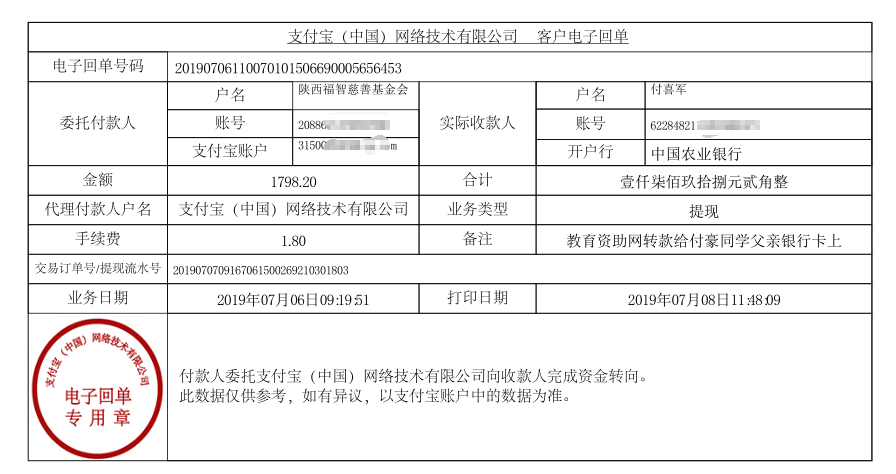 教育资助网给付豪同学转款的电子回单
