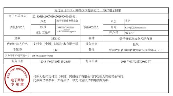 中国教育资助网给雷宇同学转款的电子回单
