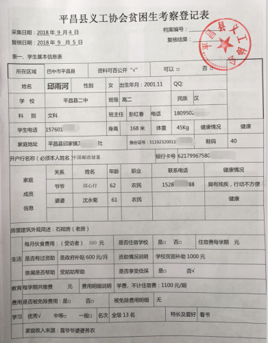 平昌县义工协会登记邱雨河同学家庭情况信息