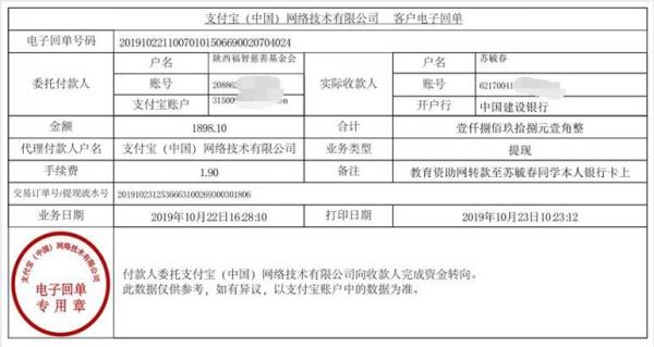 教育资助网转款给苏毓春同学的电子回单