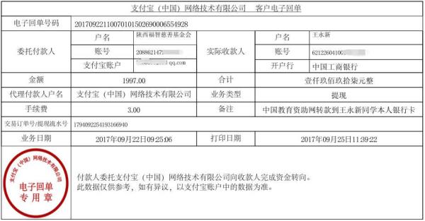 中国教育资助网转给王永新同学的电子回单
