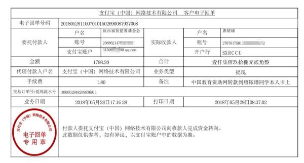 中国教育资助网给唐铱璠同学转款的电子回单