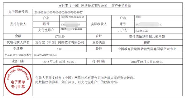 中国教育资助网给陈鑫同学转款电子回单