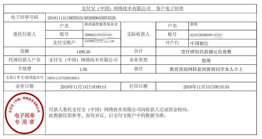 教育资助网给郭倩腾讯转款的电子回单