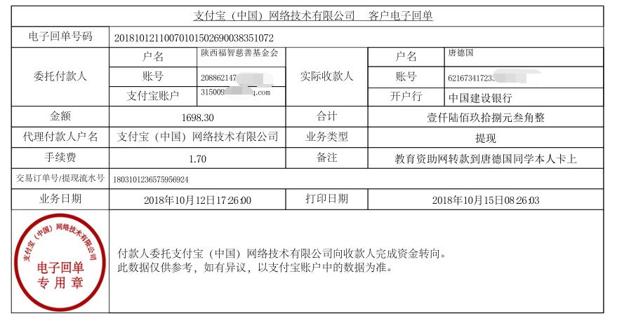 教育资助网给唐德国同学转款的电子回单