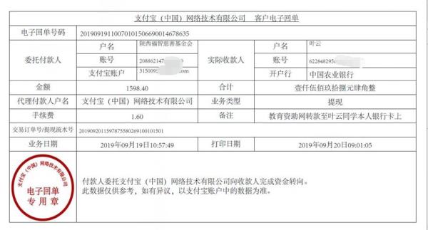 教育资助网转款给叶云同学的电子回单