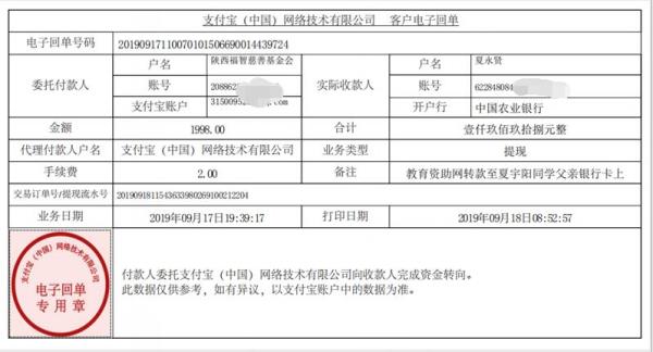 教育资助网转款给夏宇阳同学的电子回单