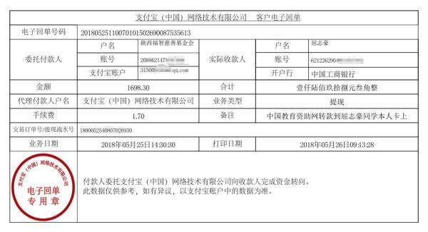 中国教育资助网给屈志豪同学转款的电子回单