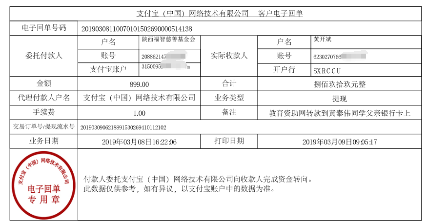 教育资助网给黄泰伟同学转款的电子回单