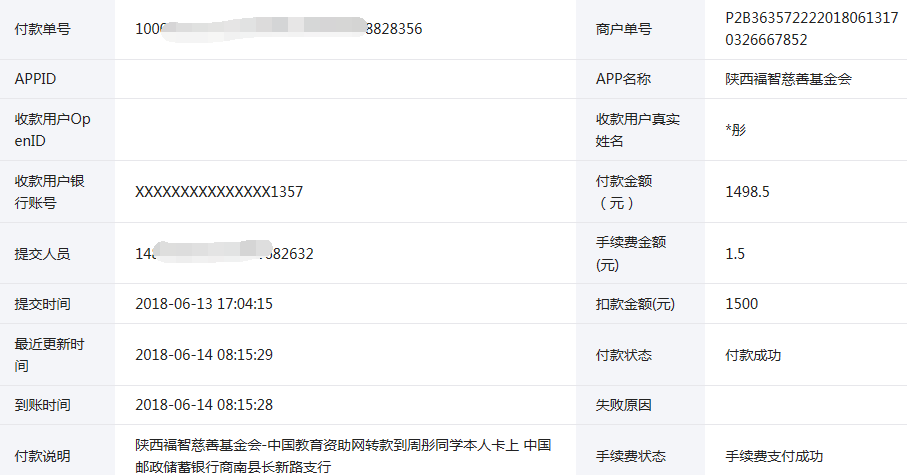 中国教育资助网给周彤同学转款的电子回单